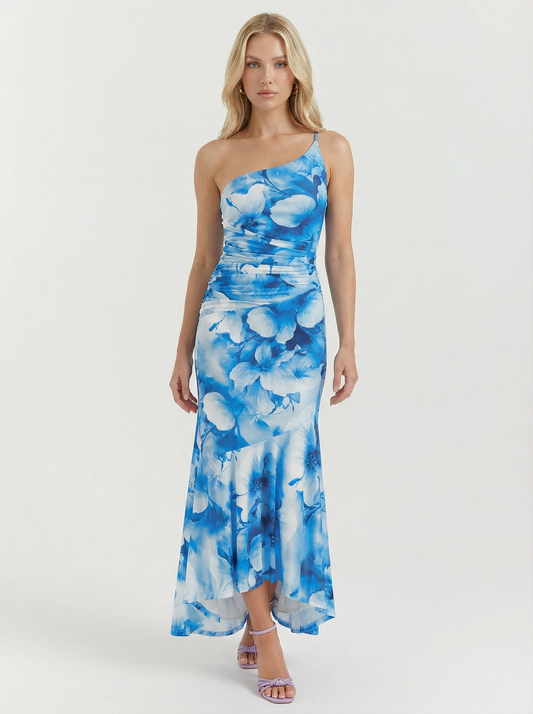 Floral Print One Shoulder Ruched Maxi Dress