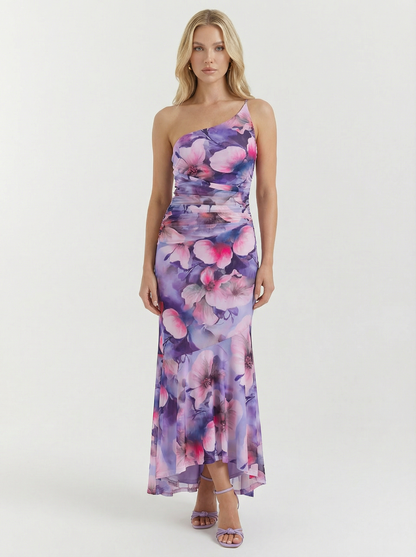 Floral Print One Shoulder Ruched Maxi Dress