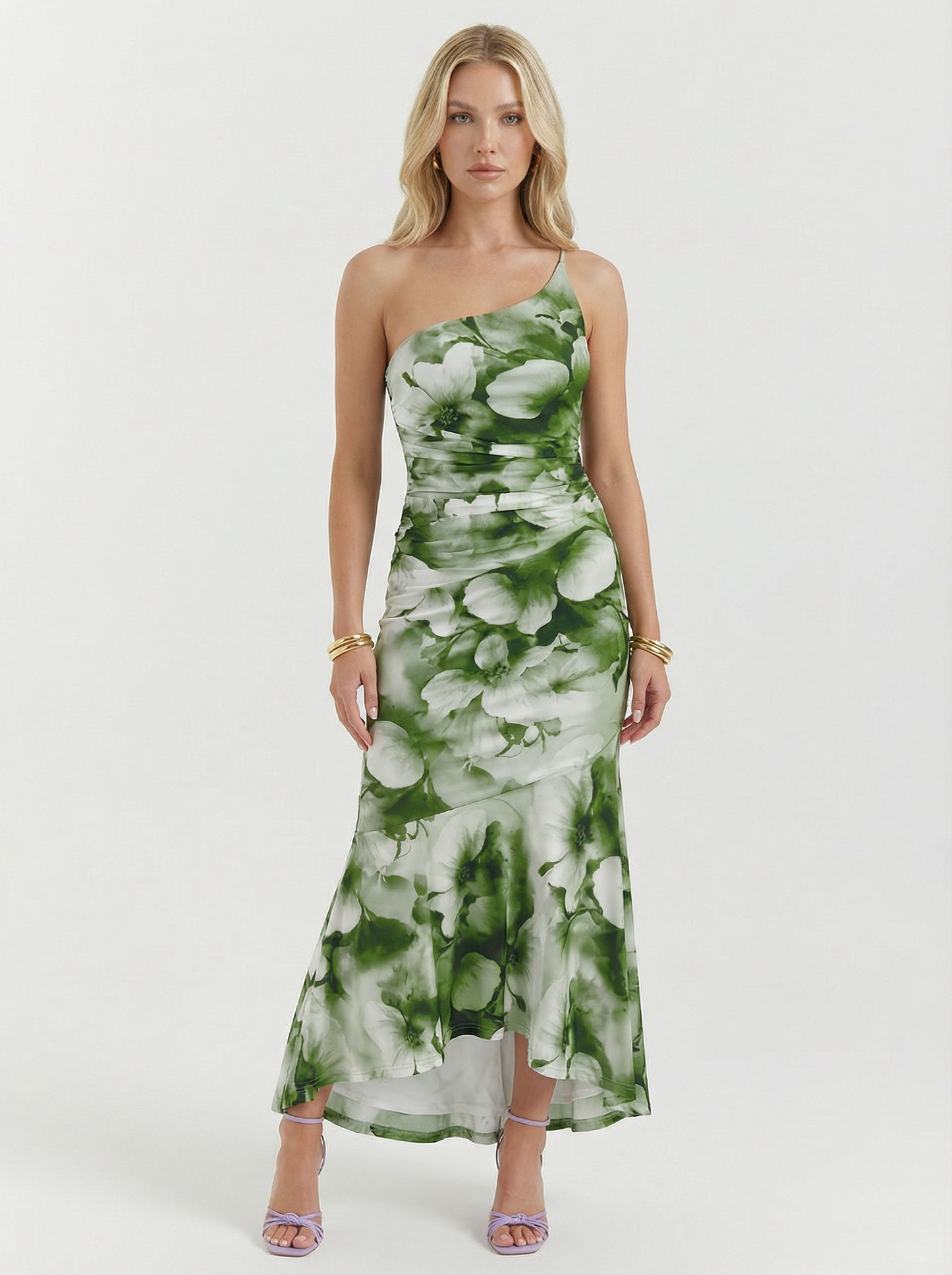 Floral Print One Shoulder Ruched Maxi Dress