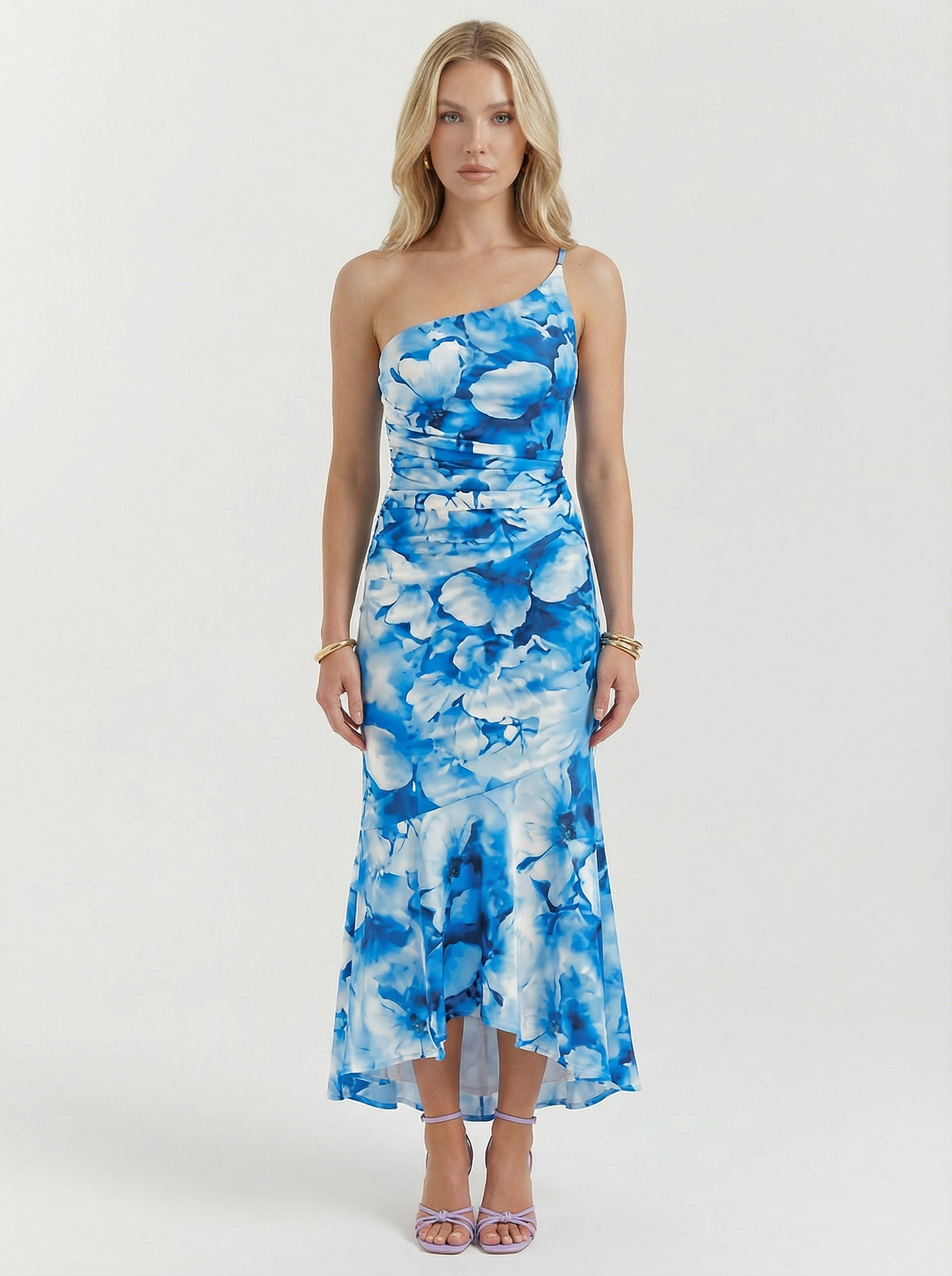 Floral Print One Shoulder Ruched Maxi Dress