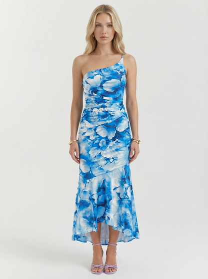 Floral Print One Shoulder Ruched Maxi Dress