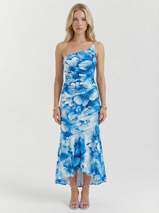 Floral Print One Shoulder Ruched Maxi Dress
