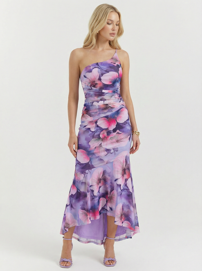 Floral Print One Shoulder Ruched Maxi Dress
